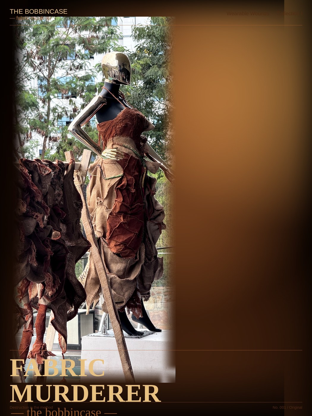 Bobbin Case Fabric Murderer editorial poster — chrome mannequin in sculptural gunia dress against a dark atmospheric background with Wearable Wounds branding